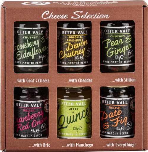 Otter Vale Chutney Cheese Selection gift box with six jars: Gooseberry & Elderflower, Onion & Pineapple, Pear & Ginger, Cranberry Red Onion Relish, Quince Jelly, and Date & Fig Relish.