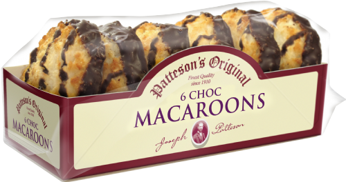 Box of Patteson's Original Choc Macaroons with a clear lid showing the macaroons inside.