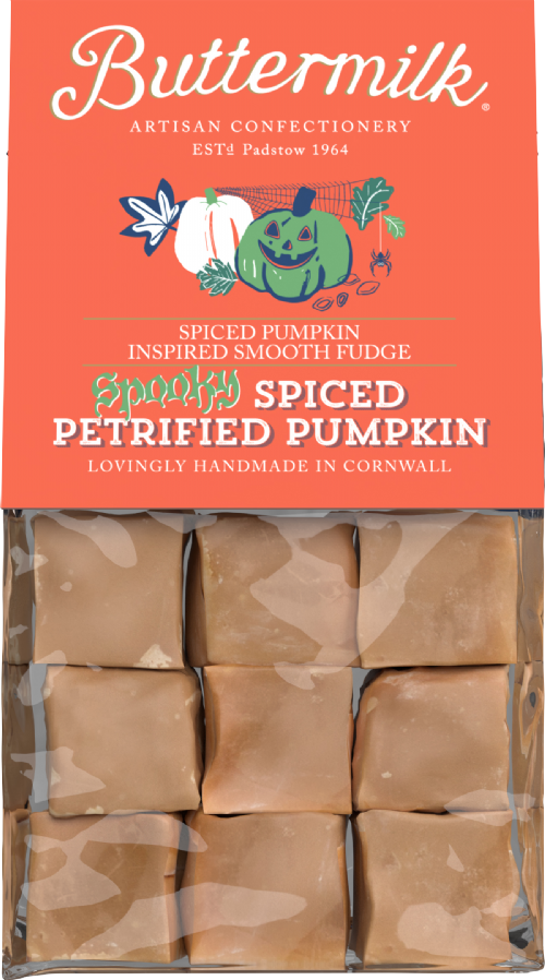Packaging of Buttermilk Spiced Pumpkin Fudge with Halloween-themed design
