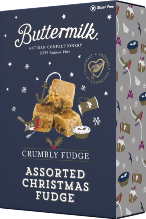 Box of Buttermilk Assorted Christmas Fudge with fudge illustration on a blue background