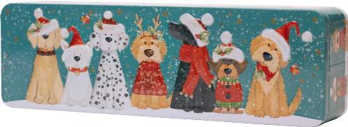 Rectangular tin with Christmas-themed dog illustrations on a blue background