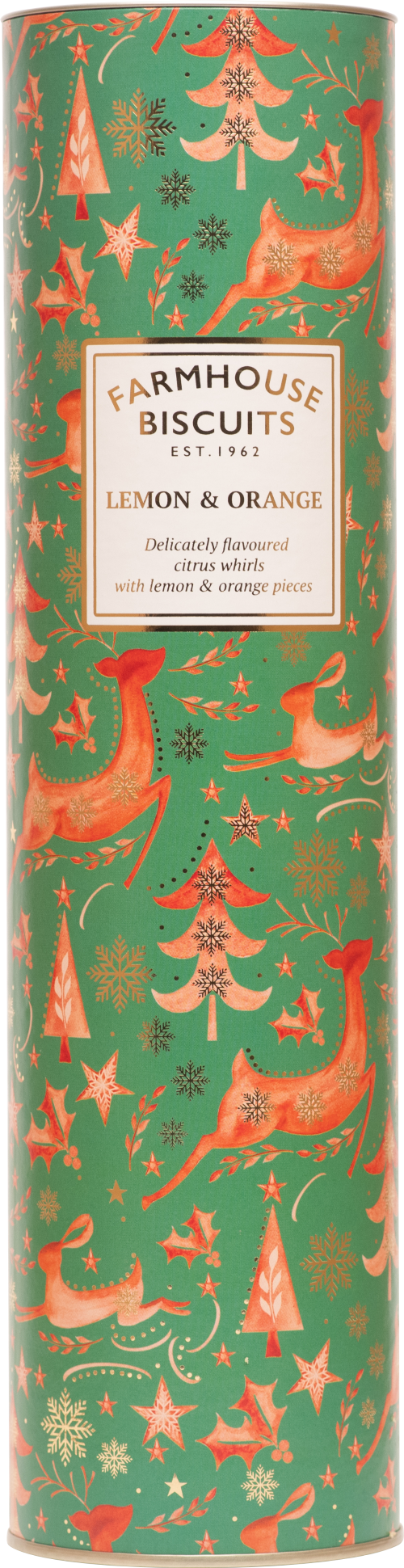 Decorative box of Farmhouse Biscuits Lemon & Orange flavor with festive design.