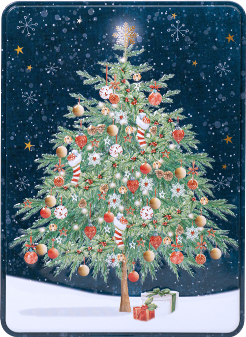 Decorated Christmas tree with ornaments on a blue snowy background