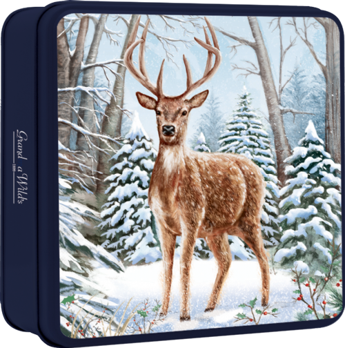 Decorative tin with a deer illustration in a snowy forest scene, featuring the brand 'Grand & Wilkes'.