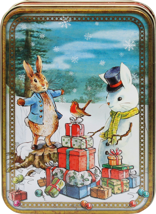 Peter Rabbit and friends Christmas tin illustration featuring Peter Rabbit, a snowman in a top hat, and a robin standing near a pile of wrapped holiday gifts in a snowy forest.