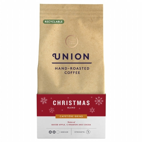 Recyclable brown kraft bag of Union Hand-Roasted Coffee Christmas Blend, Cafetière Grind, with notes of baked apple, cinnamon, and cocoa.