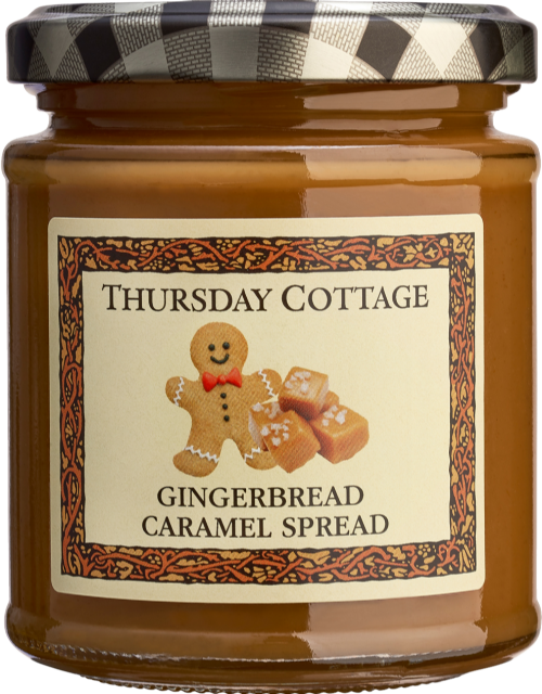 Jar of Thursday Cottage Gingerbread Caramel Spread with a checkered lid