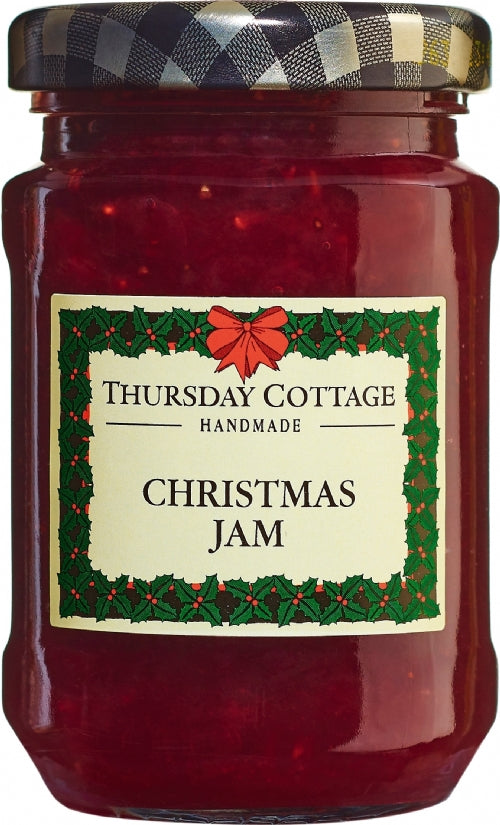Jar of Thursday Cottage Christmas Jam with a decorative label.