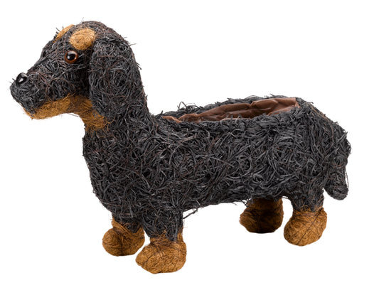 Dog-shaped planter made of coiled wire on a white background