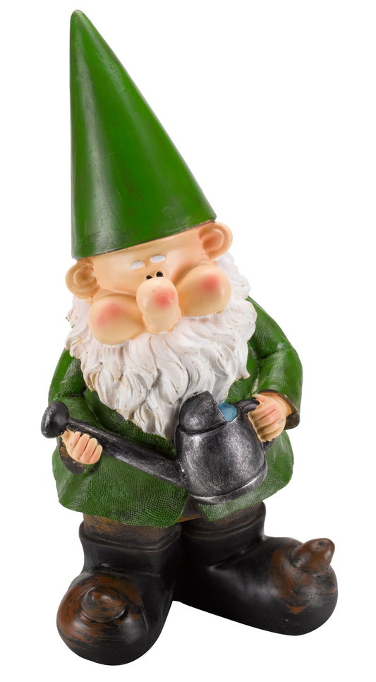 Gnome figurine with a green hat and holding a watering can on a white background