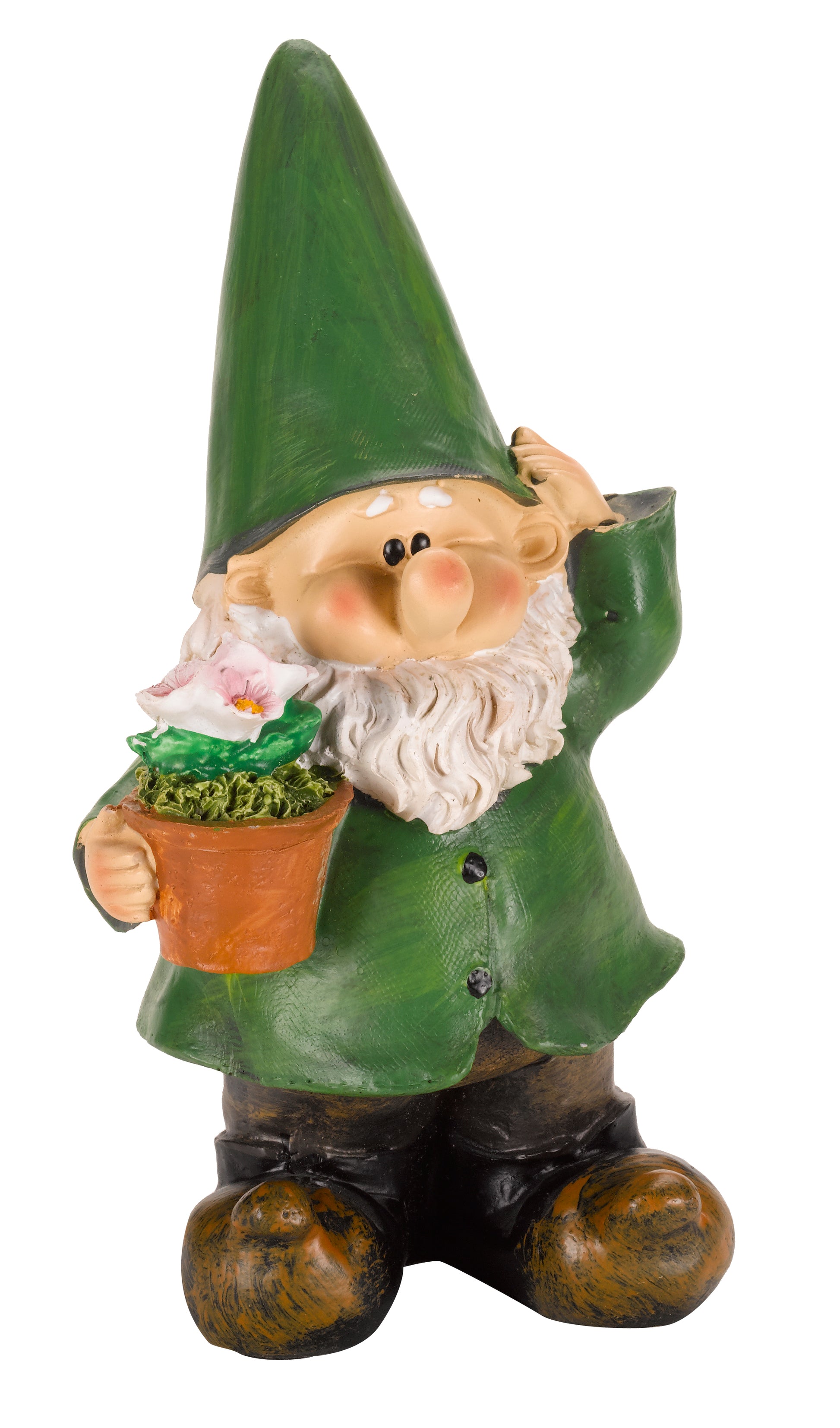 Gnome figurine holding a flower pot on a white background