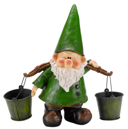 Gnome figurine with a green hat and coat, holding two buckets on a white background