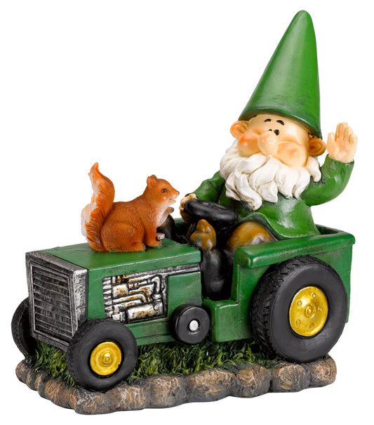 Gnome driving a green tractor with a squirrel on a white background