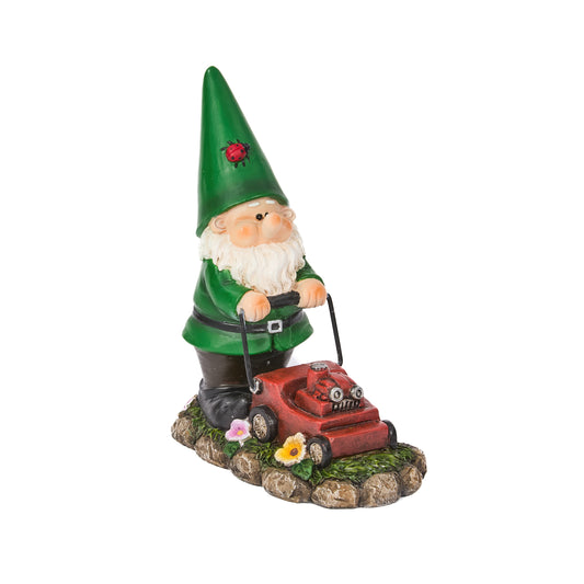 Gnome figurine with a green hat and beard, holding a red lawn mower on a white background.
