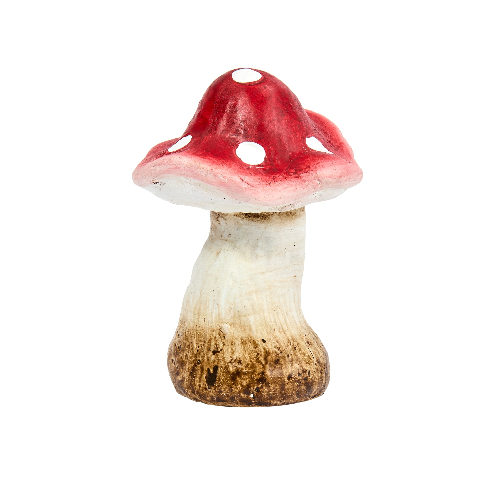 Decorative mushroom with a red cap and brown stem on a white background