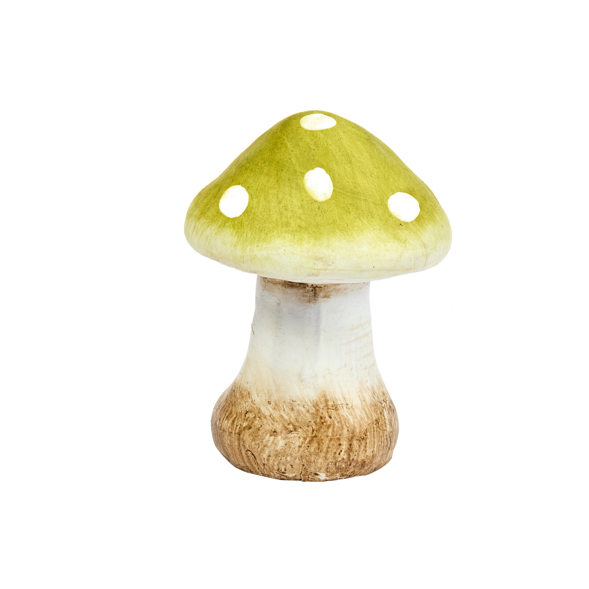Mushroom-shaped object with a green cap and brown stem on a white background