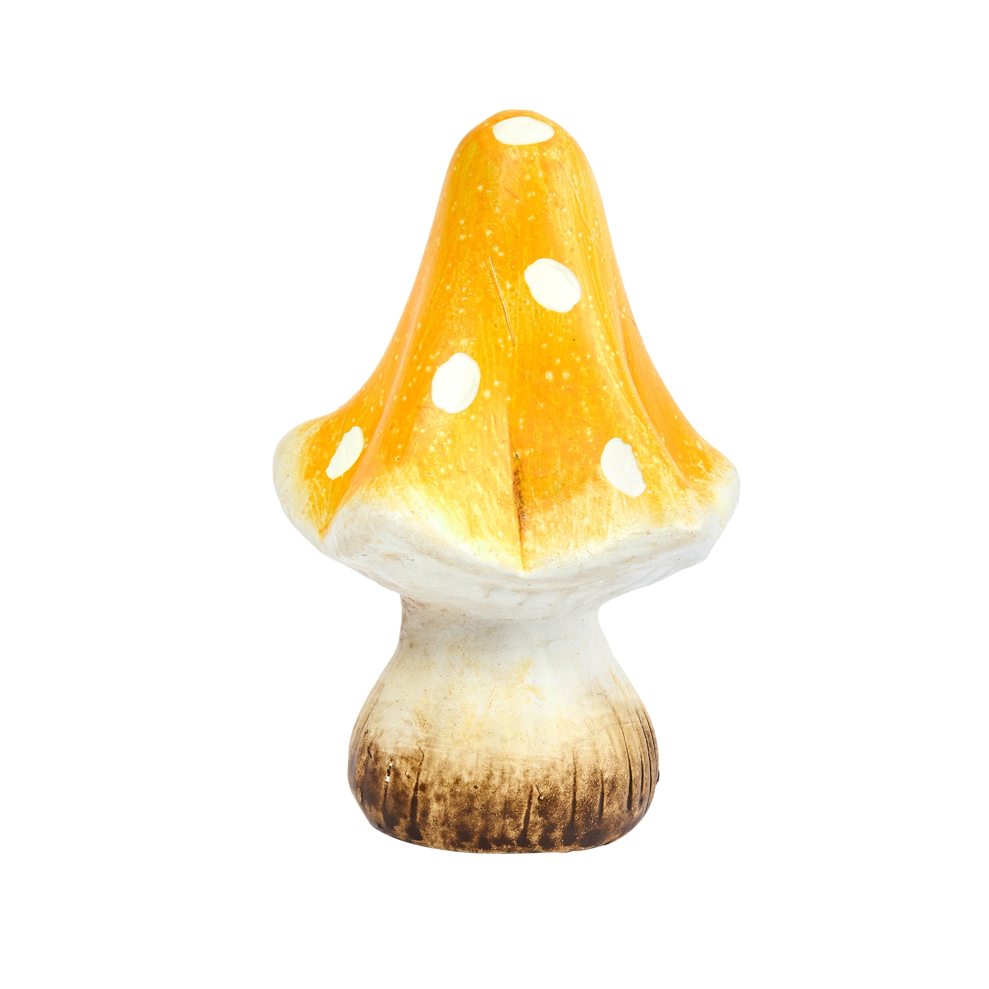 Mushroom-shaped lamp with a yellow cap and brown base on a white background
