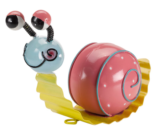 Toy snail with a pink shell and yellow body on a white background