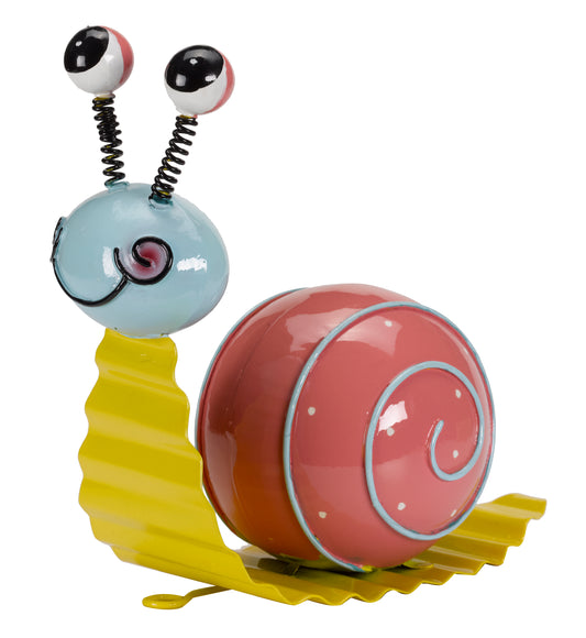Toy snail with a red shell and yellow body on a white background