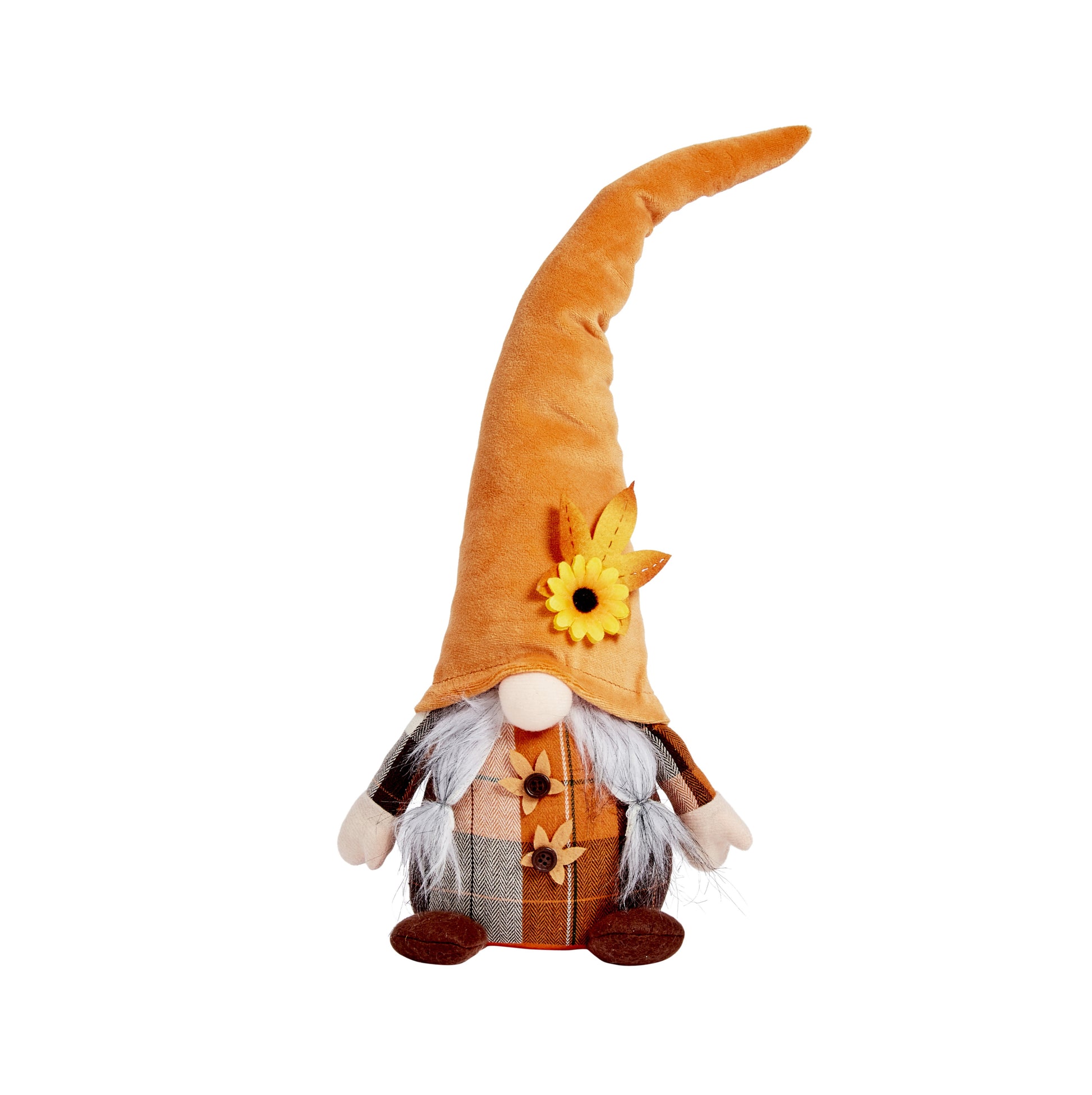 Decorative gnome with a long orange hat and sunflower on a white background