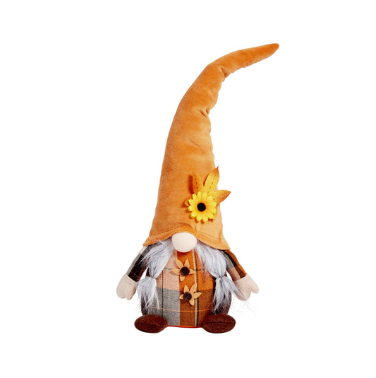 Decorative gnome with a long orange hat and sunflower on a white background