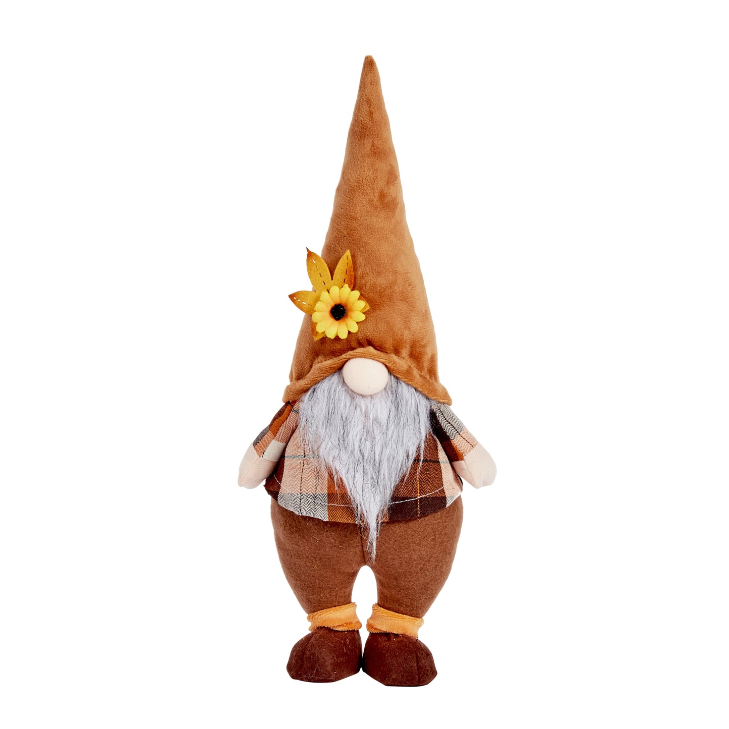 Plush gnome toy with a sunflower hat on a white background