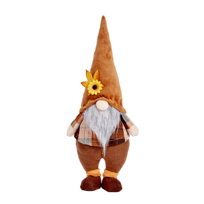 Plush gnome toy with a sunflower hat on a white background