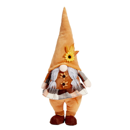 Decorative gnome with a brown hat and plaid skirt on a white background