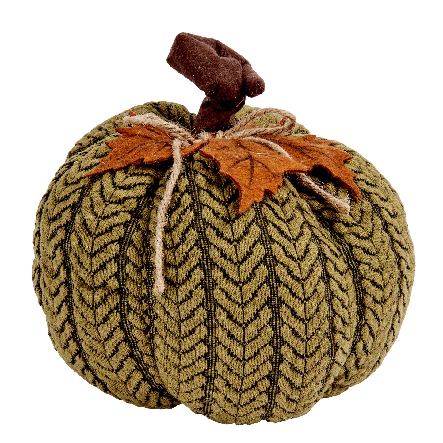 Decorative pumpkin with a textured pattern and brown leaf on a white background