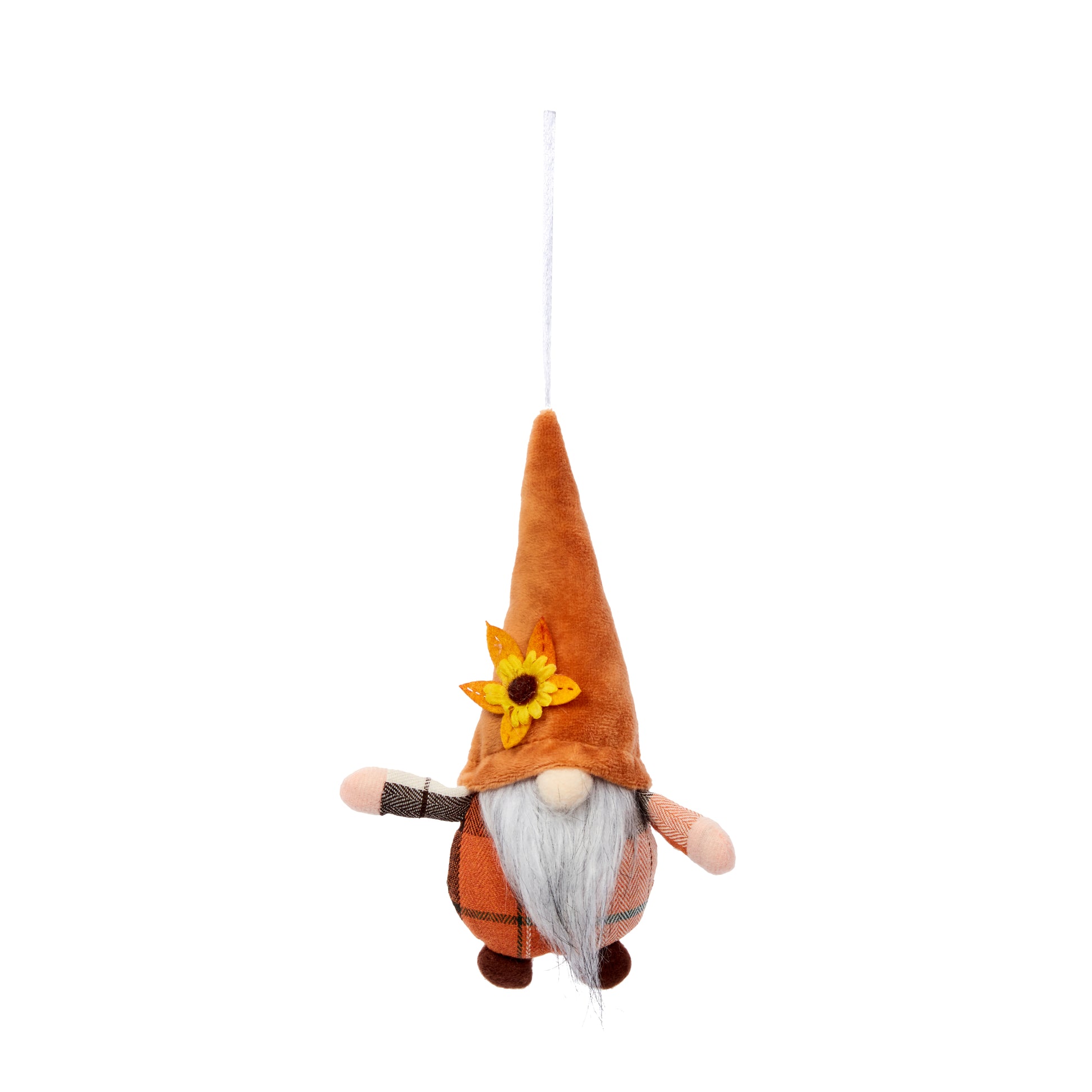 Plush gnome with a sunflower hat on a white background