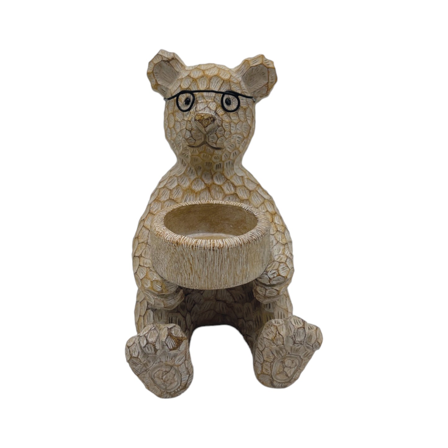 Rustic resin bear candle holder figure wearing glasses and holding a textured wooden bowl for a tea light.