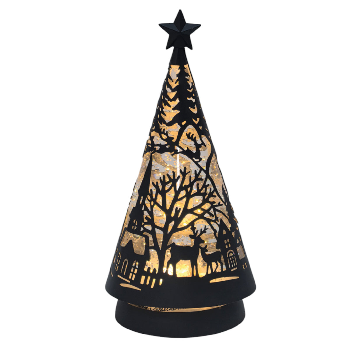 Black metal Christmas tree light with a star topper, featuring a warm yellow light shining through a winter village and deer silhouette design.