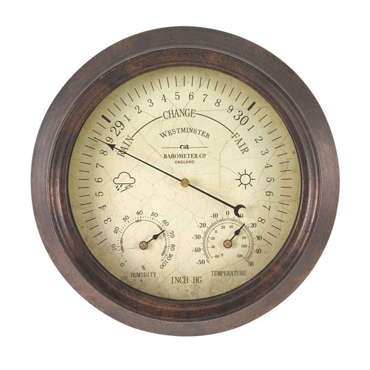 Analog weather station with barometer, thermometer, and humidity gauge on a white background