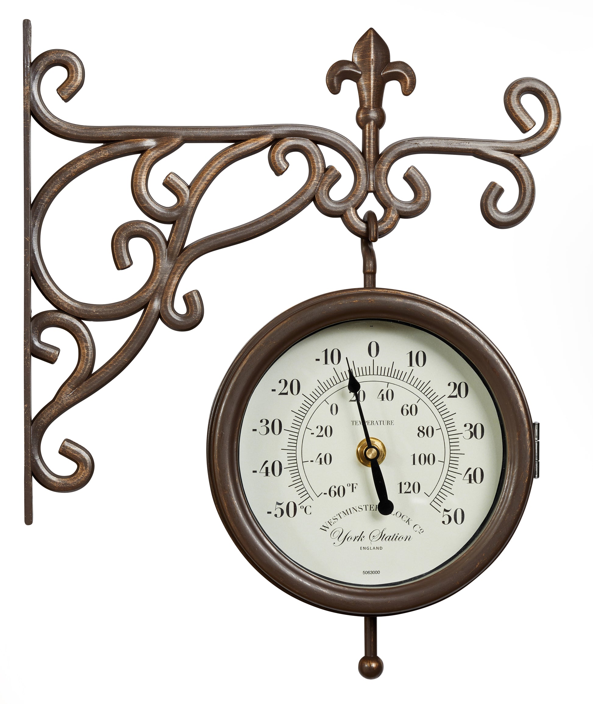 Decorative wall clock with thermometer and decorative bracket on a white background