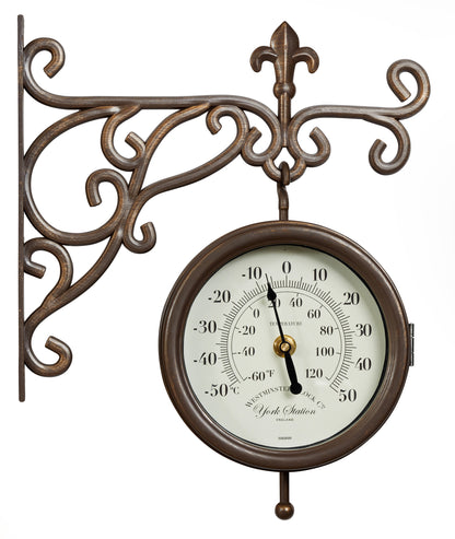 Decorative wall clock with thermometer and decorative bracket on a white background