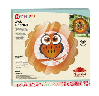 Flairboga owl spinner packaging with owl design on a light green background