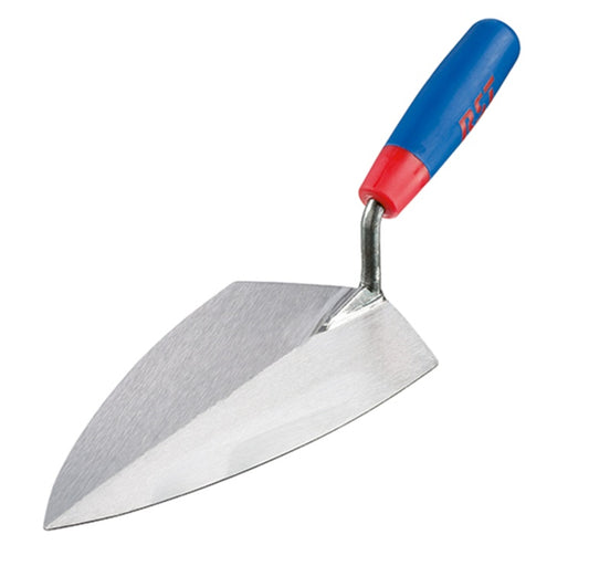 Brick trowel with a blue and red handle on a white background