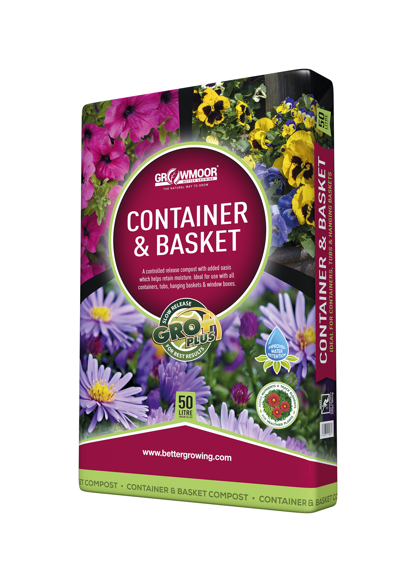 Container and basket compost packaging with floral design on a white background