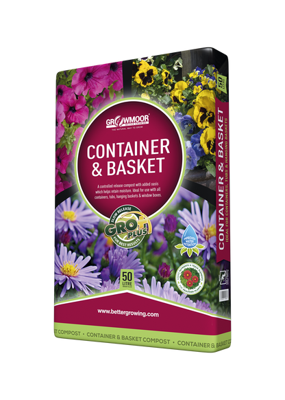 Container and basket compost packaging with floral design on a white background
