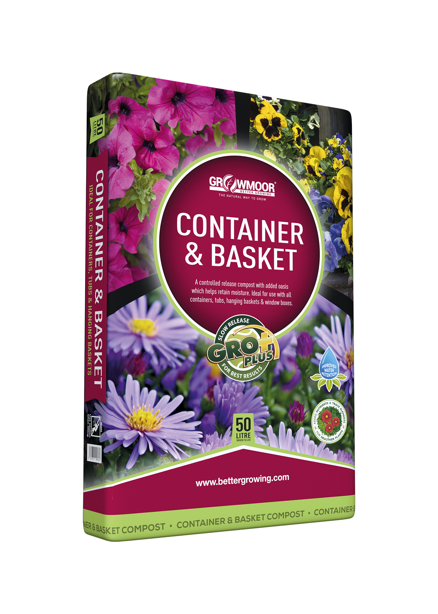 Container and basket compost packaging with floral design on a white background