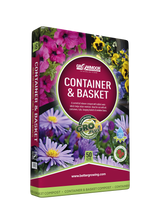 Container and basket compost packaging with floral design on a white background