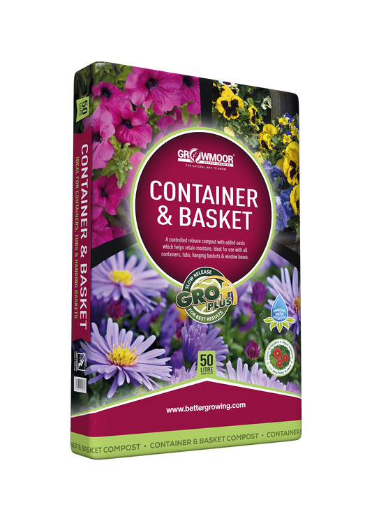 Container and basket compost packaging with floral design on a white background