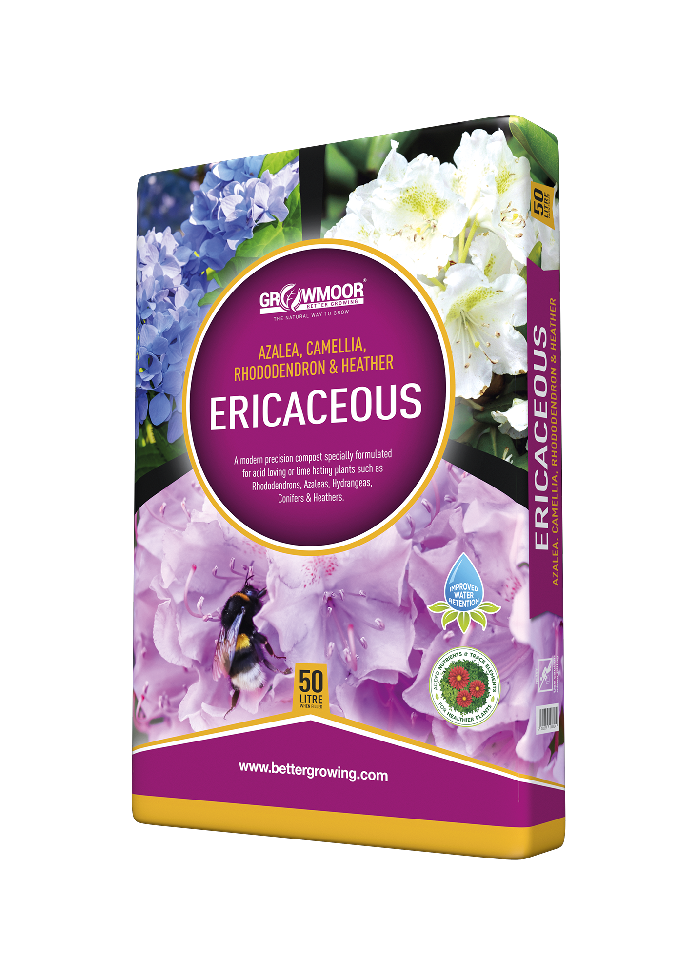 Growmoor Ericaceous plant food packaging with floral images on a white background