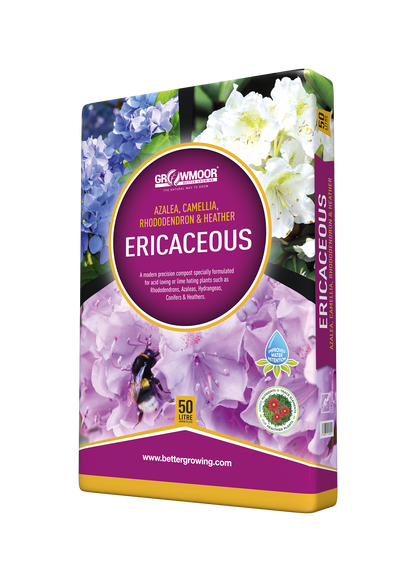 Growmoor Ericaceous plant food packaging with floral images on a white background