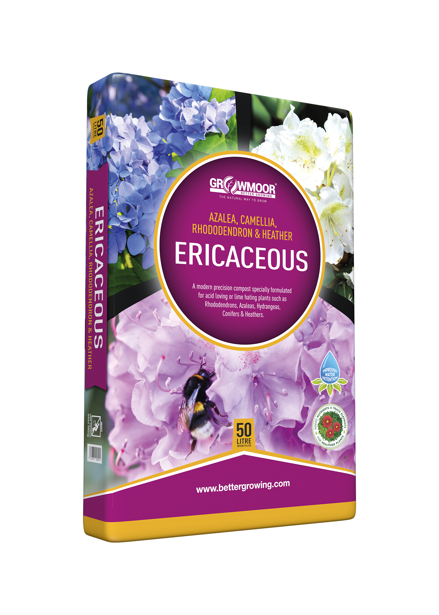 Growmore Ericaceous plant food packaging with floral design on a white background