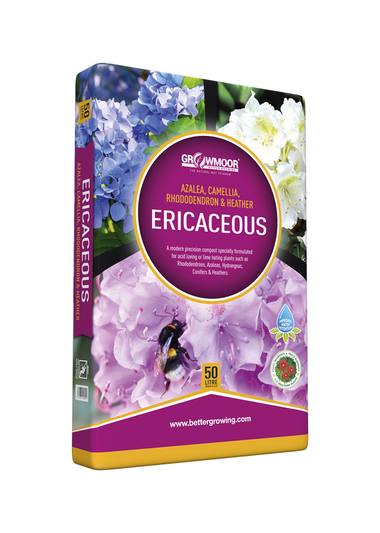 Growmore Ericaceous plant food packaging with floral design on a white background