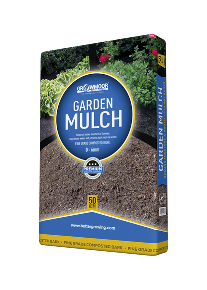 Bag of garden mulch with branding on a white background