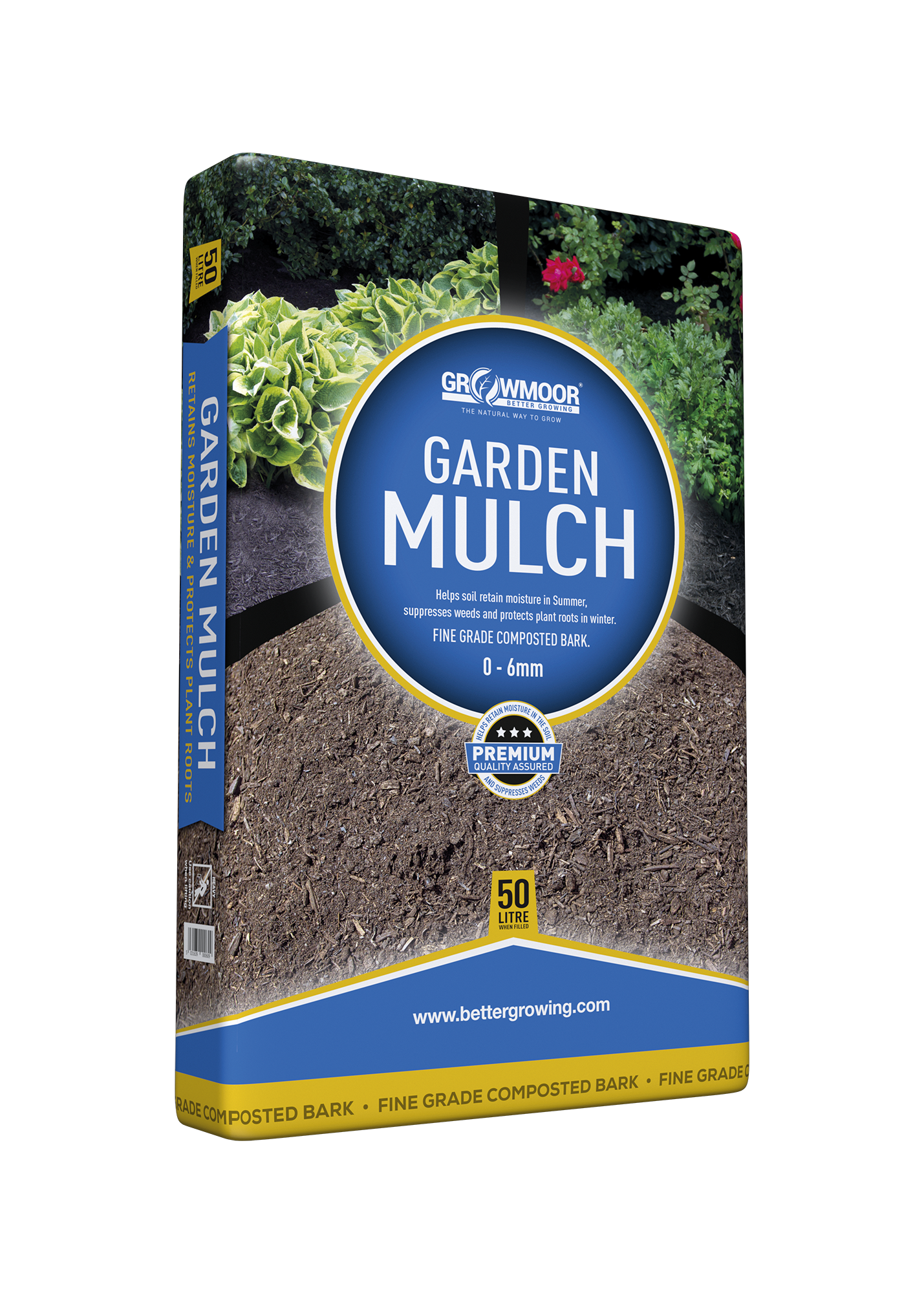 Bag of garden mulch with visible branding on a white background