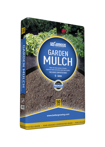 Bag of garden mulch with visible branding on a white background