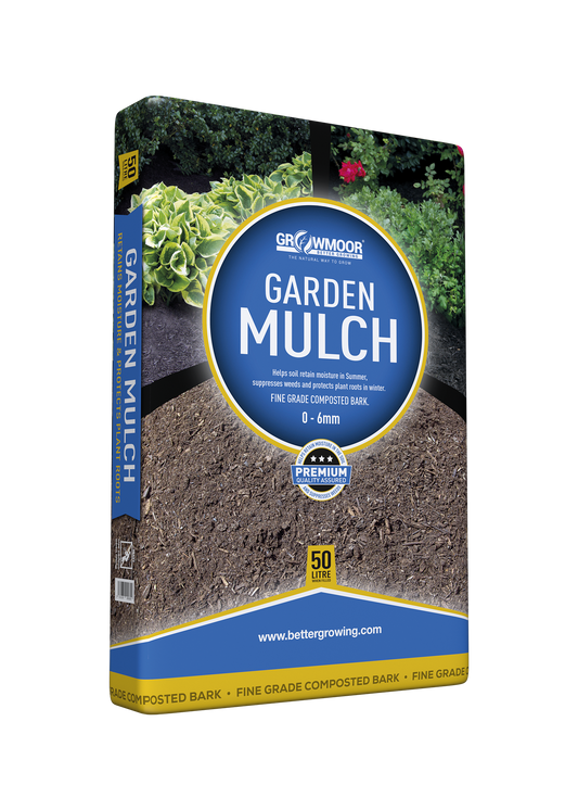 Bag of garden mulch with visible branding on a white background